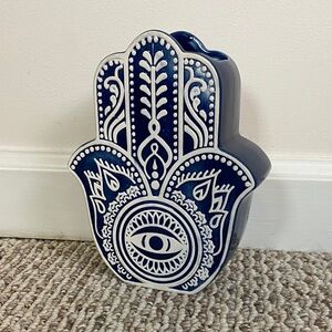 Blue Hamsa Ceramic Vase with Eye Motif 7”